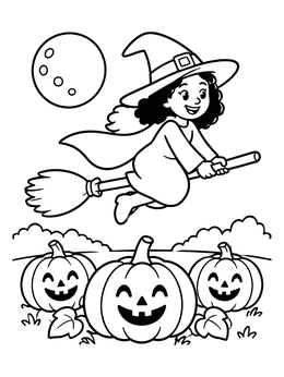 Free printable Little Witch Flying Over Pumpkins coloring page