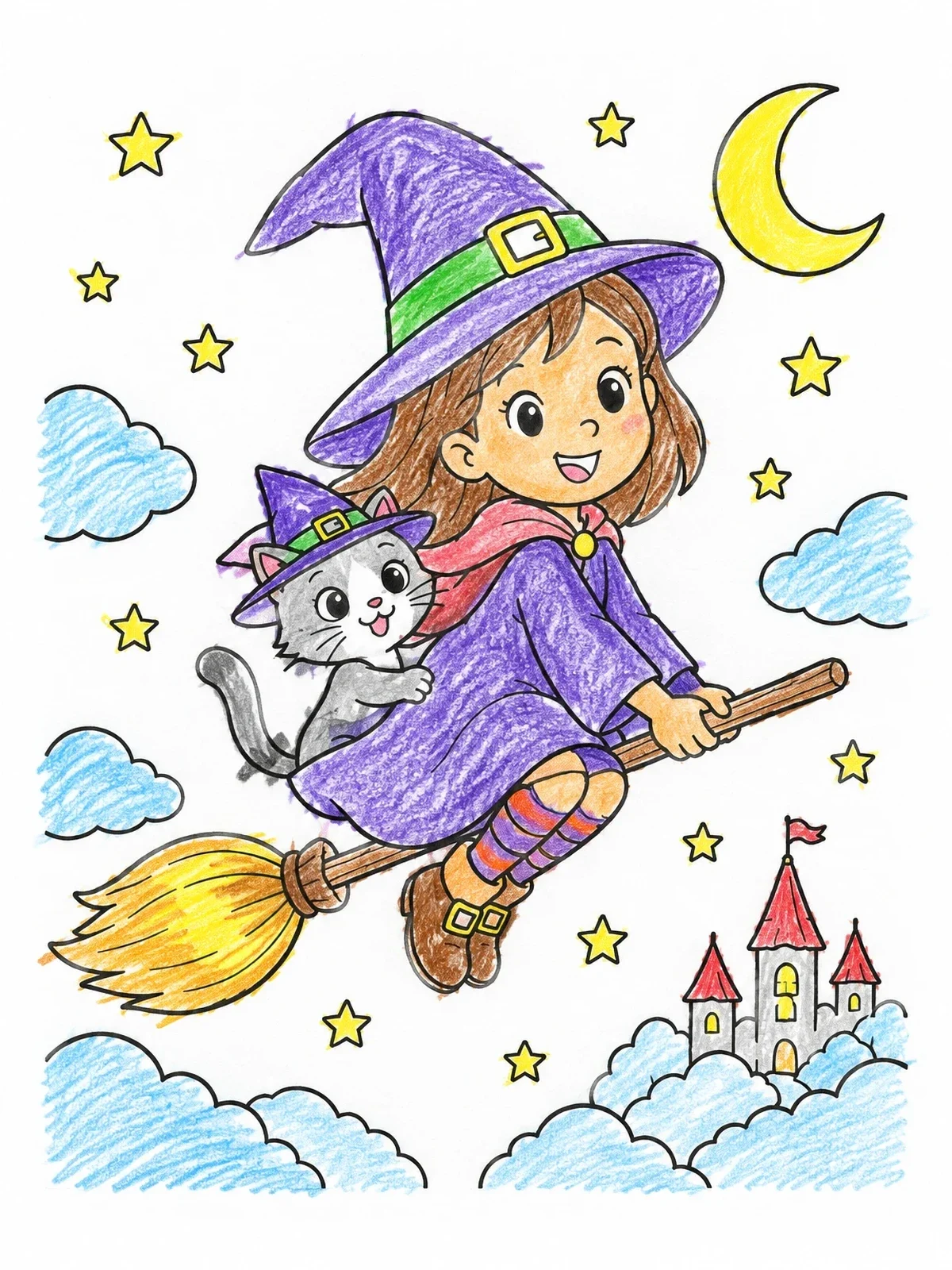 Colored example of the Little Witch And Cat Flying On Broomstick coloring page