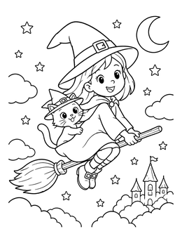 Free printable Little Witch And Cat Flying On Broomstick coloring page