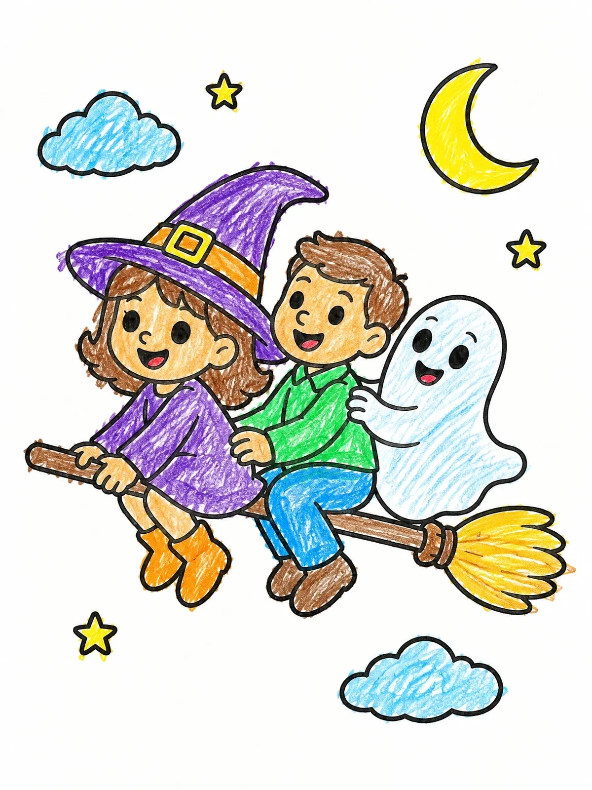 Colored example of the Little Witch And Friends Flying High coloring page