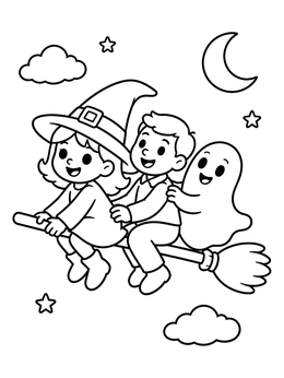 A sweet halloween flying witch coloring page with a young witch, boy, and friendly ghost on a broom.