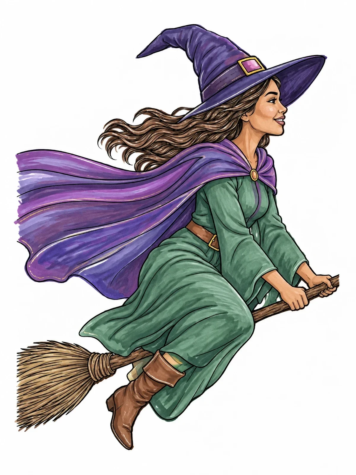 Colored example of the Smiling Witch Flying On Broomstick coloring page