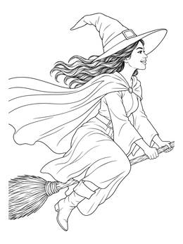 A detailed halloween flying witch coloring page with a cape and pointed hat.