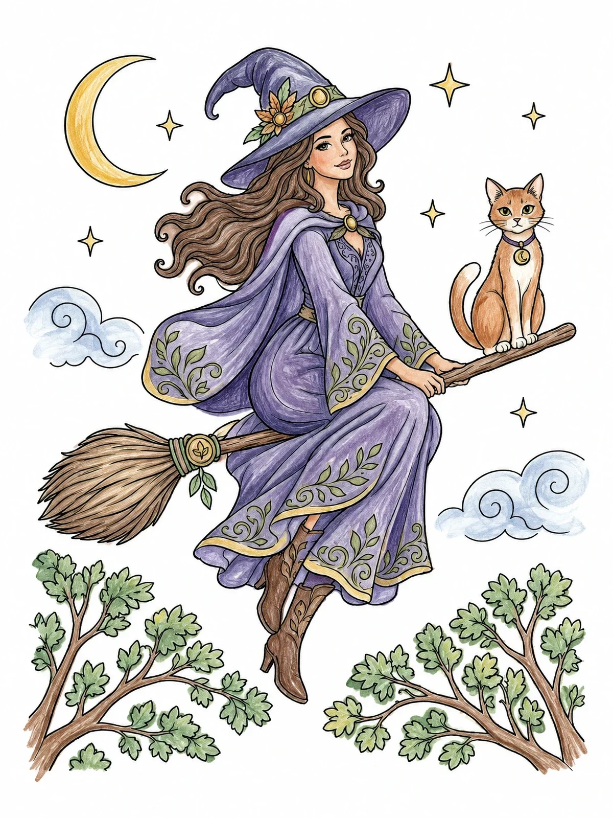 Colored example of the Witch And Cat Flying On Broomstick coloring page