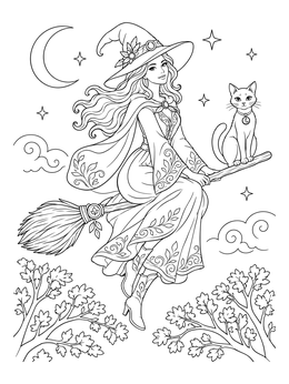A detailed halloween flying witch coloring page with her cat soaring across the night sky.