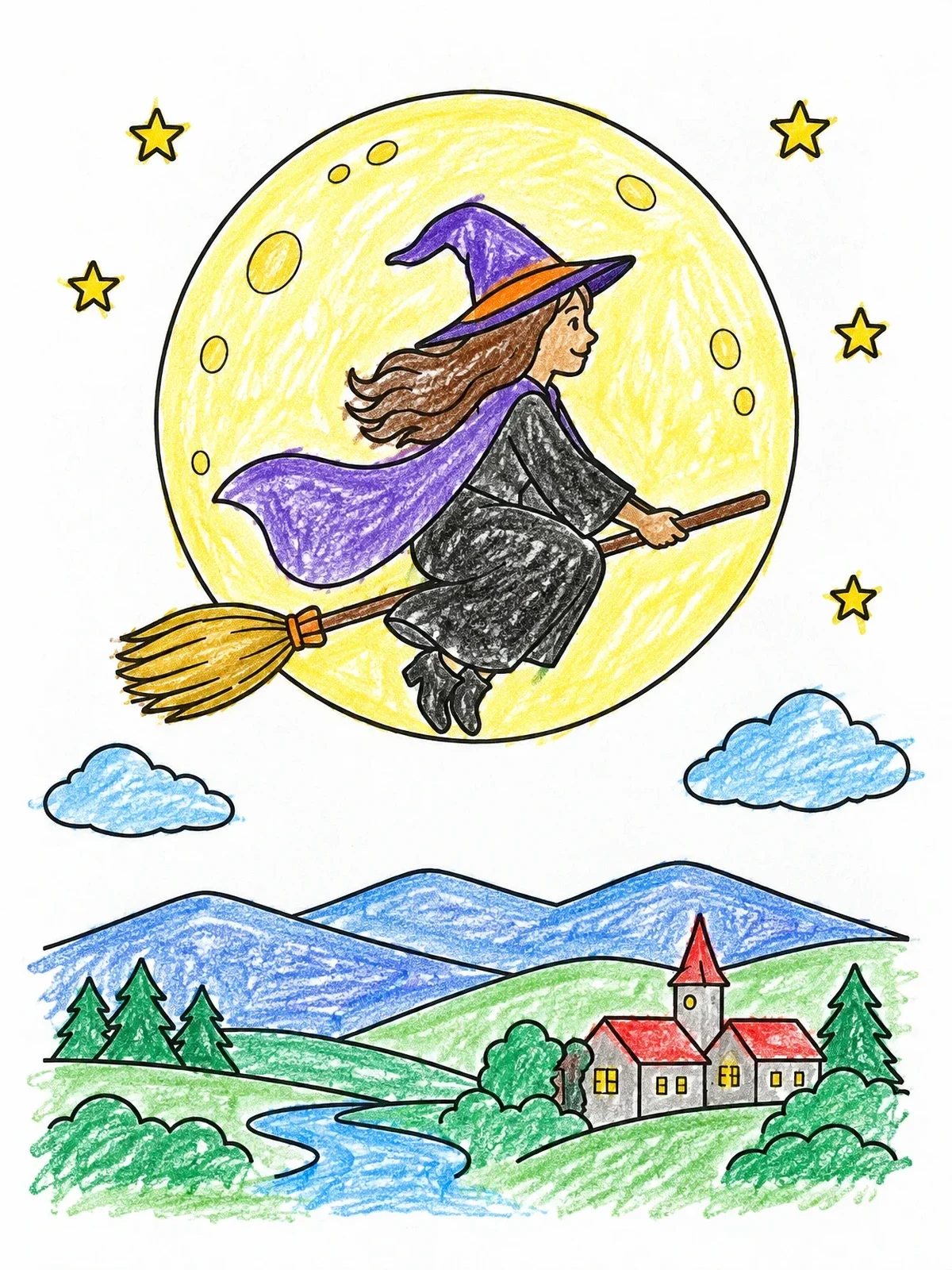 Colored example of the Witch Flying Past The Full Moon coloring page