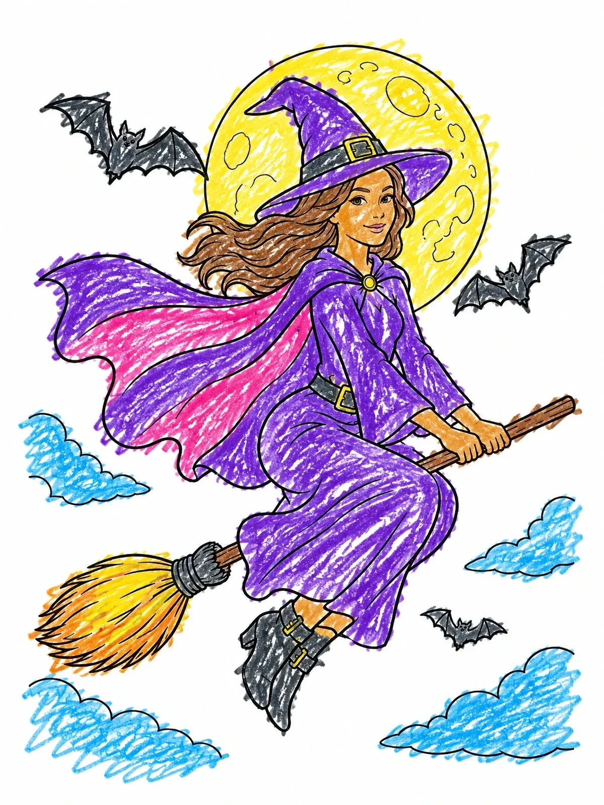Colored example of the Young Witch Flying On A Broomstick coloring page