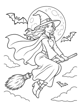 A halloween flying witch coloring page with a young witch soaring past a full moon and bats.