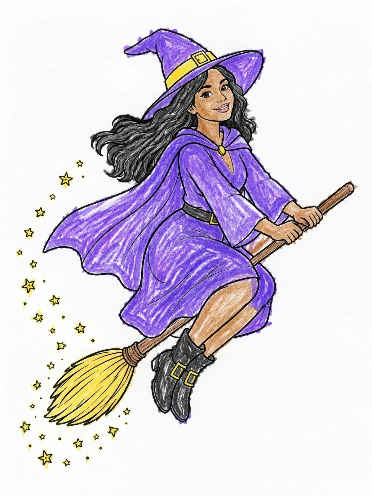 Colored example of the Young Witch Flying On Broomstick coloring page
