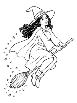 A cheerful halloween flying witch coloring page with magic stars trailing behind her broom.