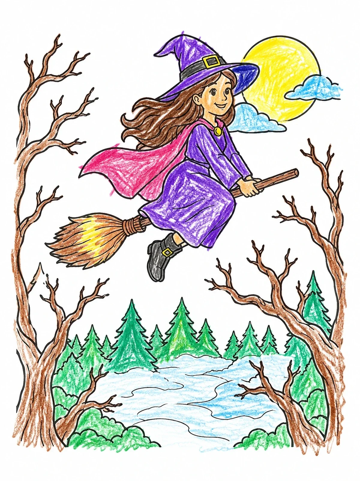 Colored example of the Young Witch Flying Over Woods coloring page