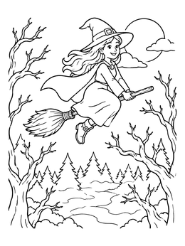 Free printable Young Witch Flying Over Woods coloring page
