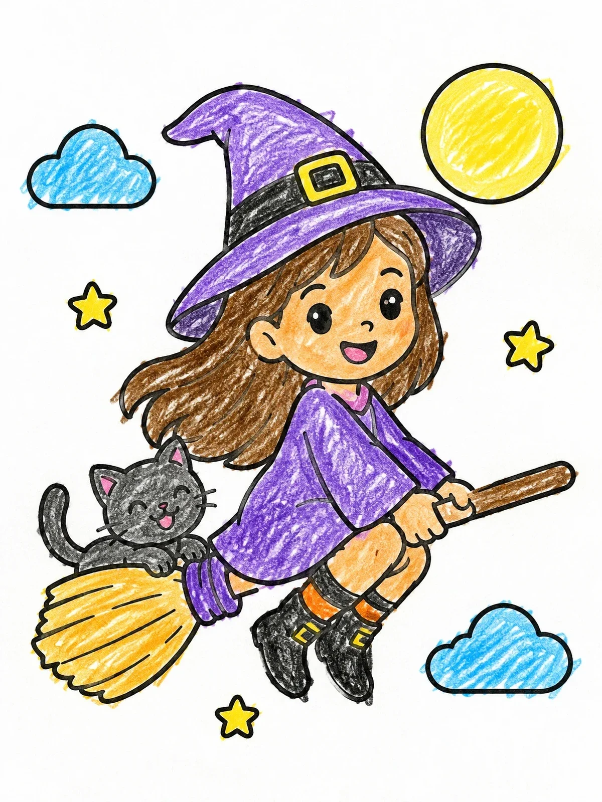 Colored example of the Young Witch Flying With Kitten coloring page
