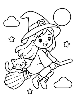 Free printable Young Witch Flying With Kitten coloring page