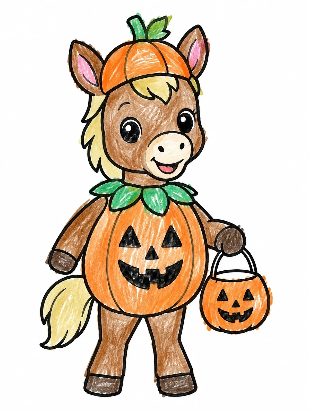 Colored example of the Halloween Foal In Pumpkin Costume coloring page