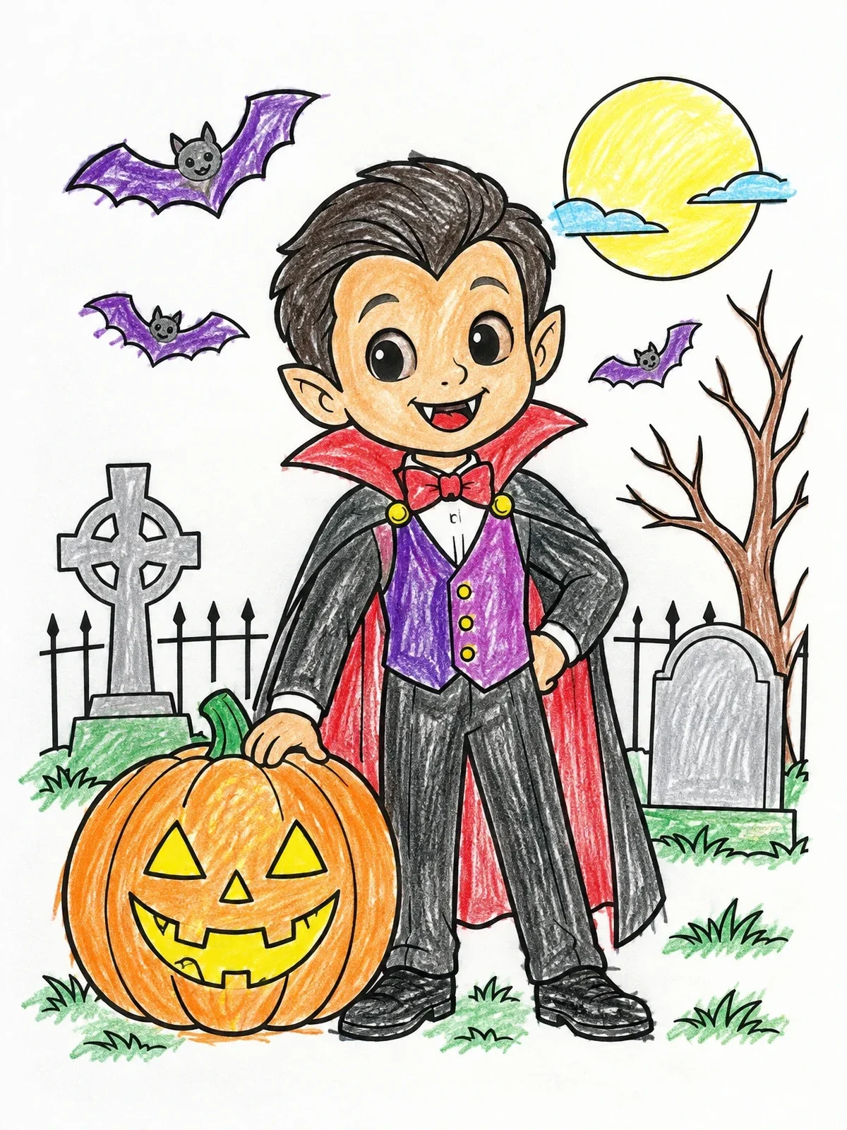 Colored example of the Friendly Little Vampire In Graveyard coloring page