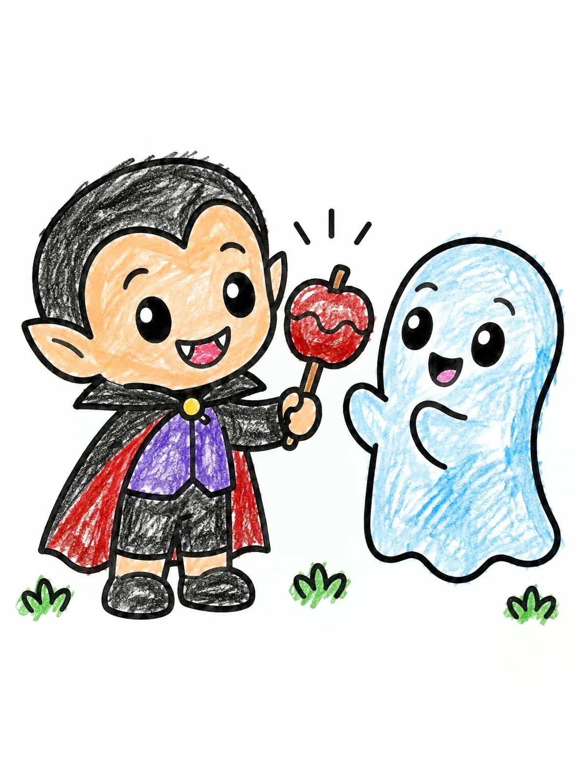 Colored example of the Friendly Vampire And Ghost Sharing Candy Apple coloring page