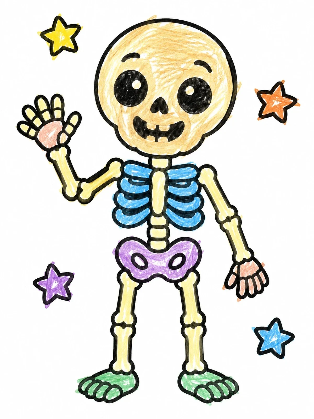 Colored example of the Friendly Waving Skeleton With Stars coloring page