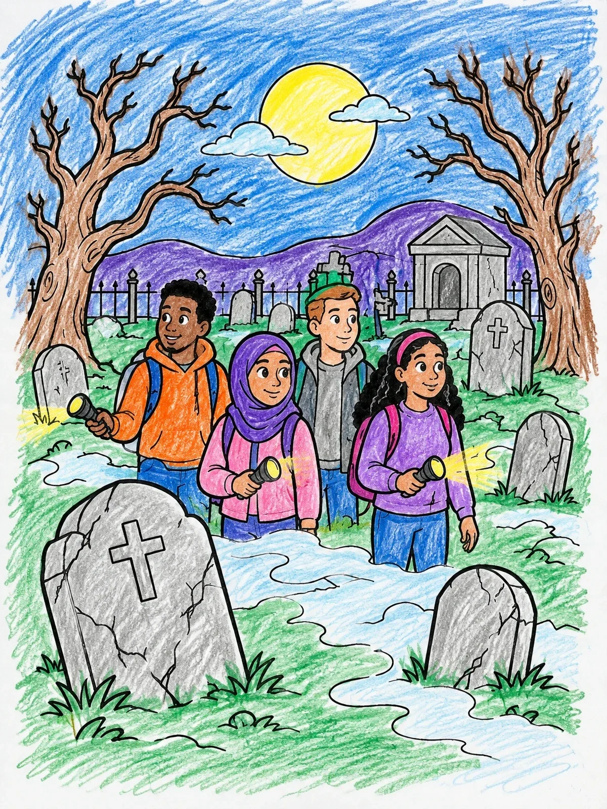 Colored example of the Friends Exploring A Graveyard At Night coloring page