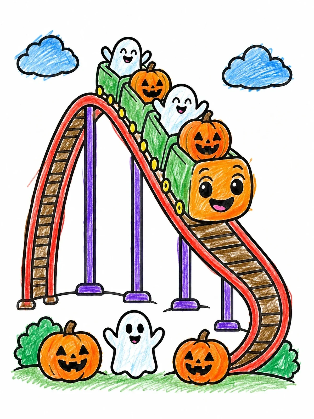 Colored example of the Halloween Ghost Roller Coaster Ride coloring page