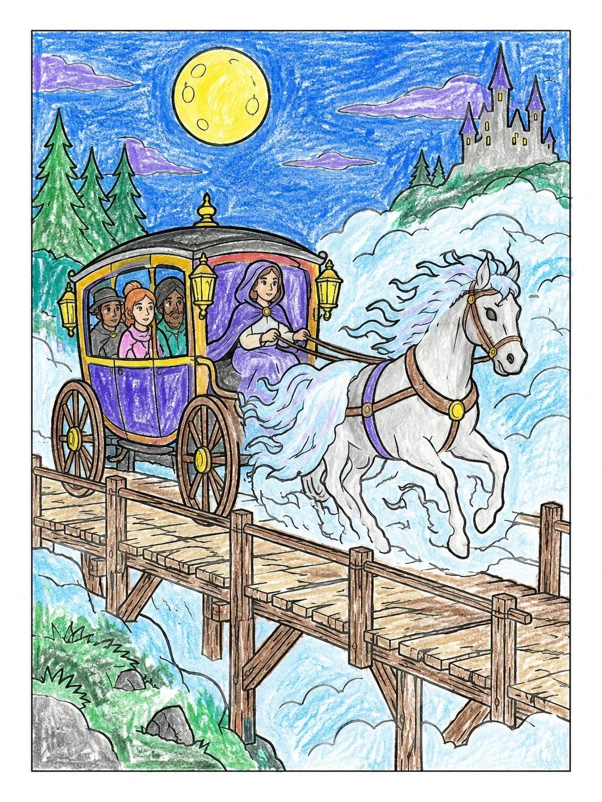 Colored example of the Ghostly Carriage Crossing Wooden Bridge coloring page