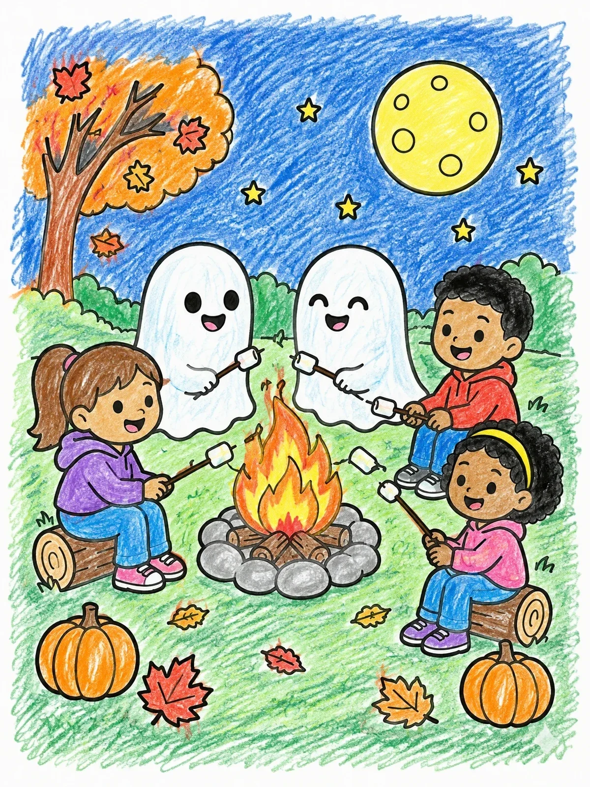 Colored example of the Campfire Marshmallows With Friendly Ghosts coloring page