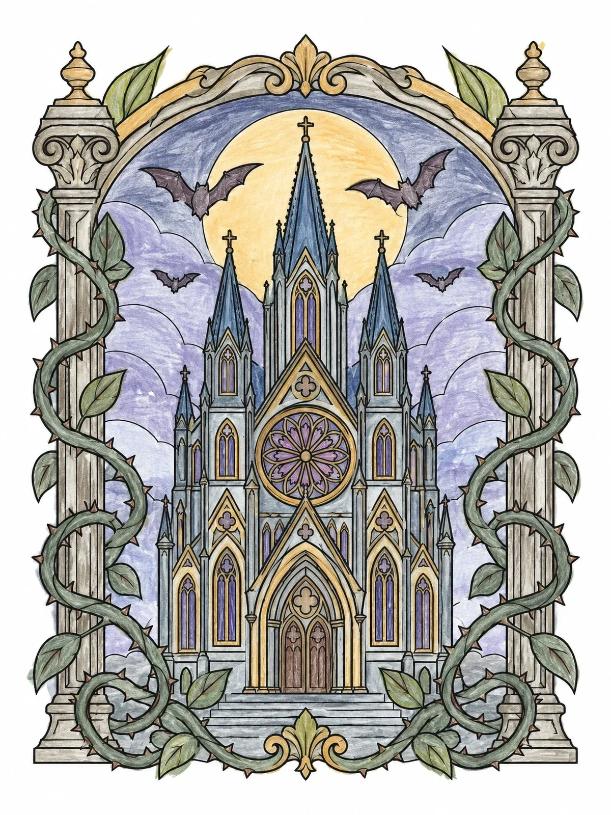 Colored example of the Gothic Cathedral With Thorny Vines coloring page