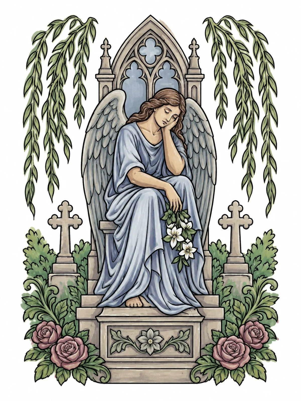 Colored example of the Gothic Cemetery Angel Statue coloring page
