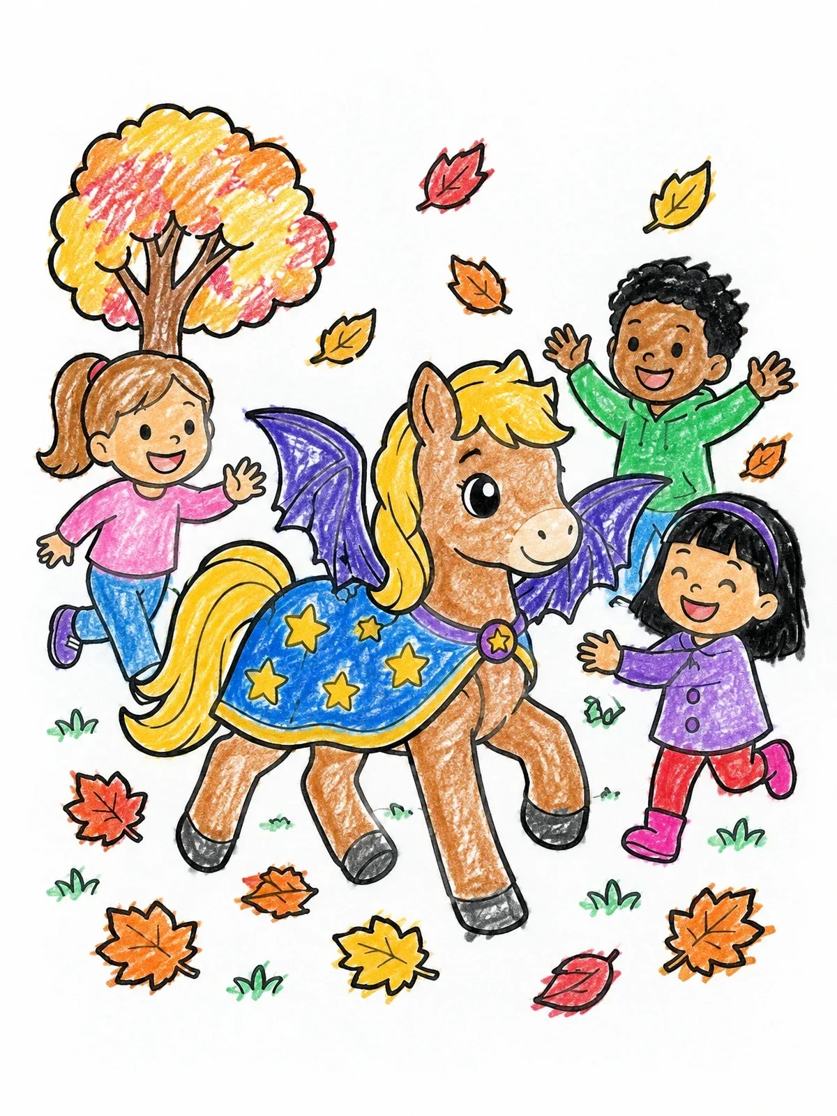 Colored example of the Costumed Pony And Cheerful Children coloring page