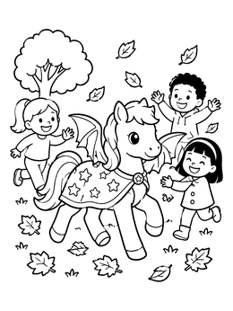 Free printable Costumed Pony And Cheerful Children coloring page