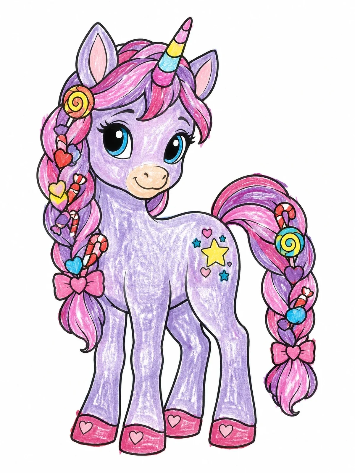 Colored example of the Cute Candy Unicorn Pony coloring page