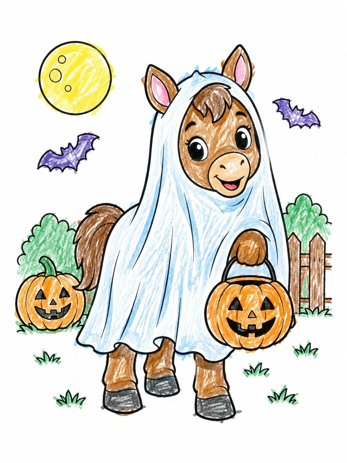 Colored example of the Cute Ghost Foal Trick Or Treating coloring page