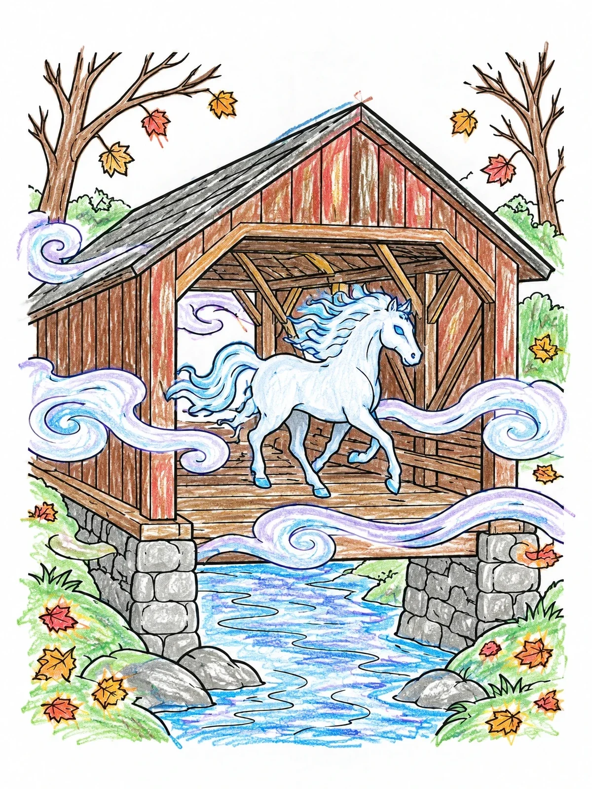 Colored example of the Ghost Horse On Covered Bridge coloring page