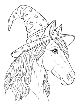 Detailed halloween horse coloring page featuring an elegant horse in profile wearing a star-patterned witch hat.