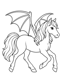 A cute halloween horse coloring page showing a pony trotting with large bat wings.