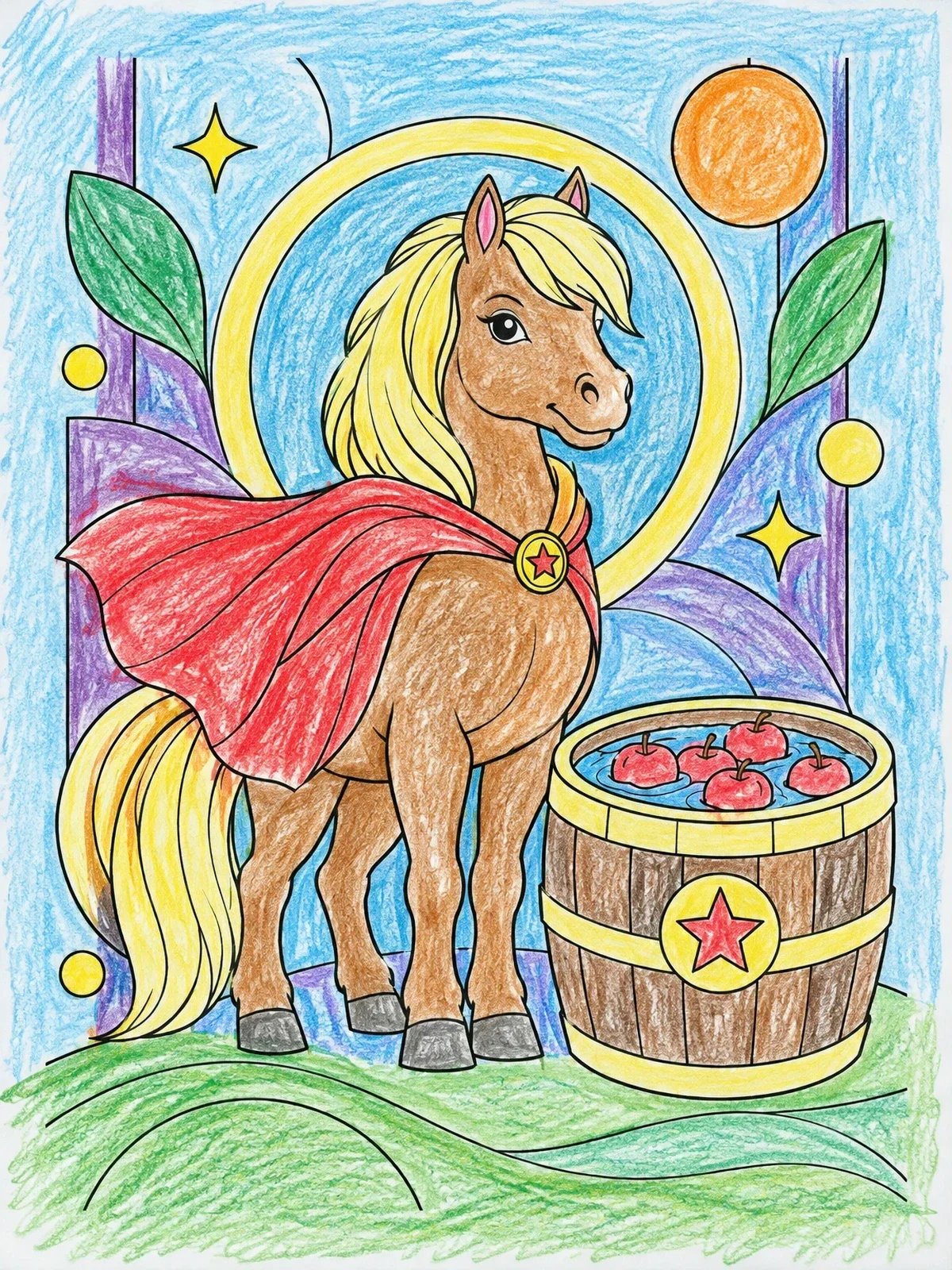 Colored example of the Superhero Pony With Apple Barrel coloring page