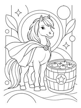 A heroic halloween horse coloring page with a cape and bobbing apples.
