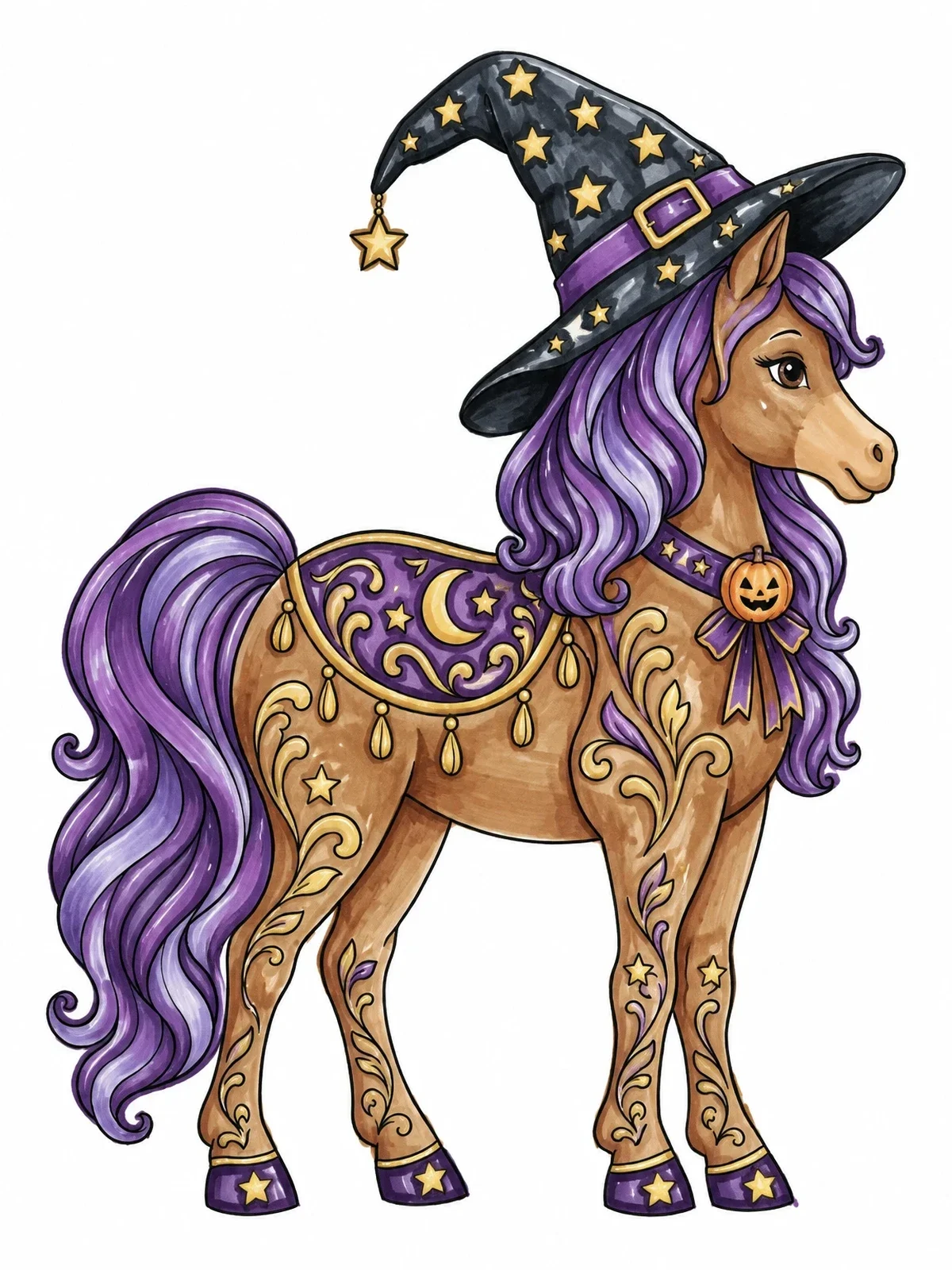 Colored example of the Halloween Horse In Witch Hat coloring page