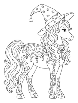 Decorated pony in a witch hat stands on this halloween horse coloring page.