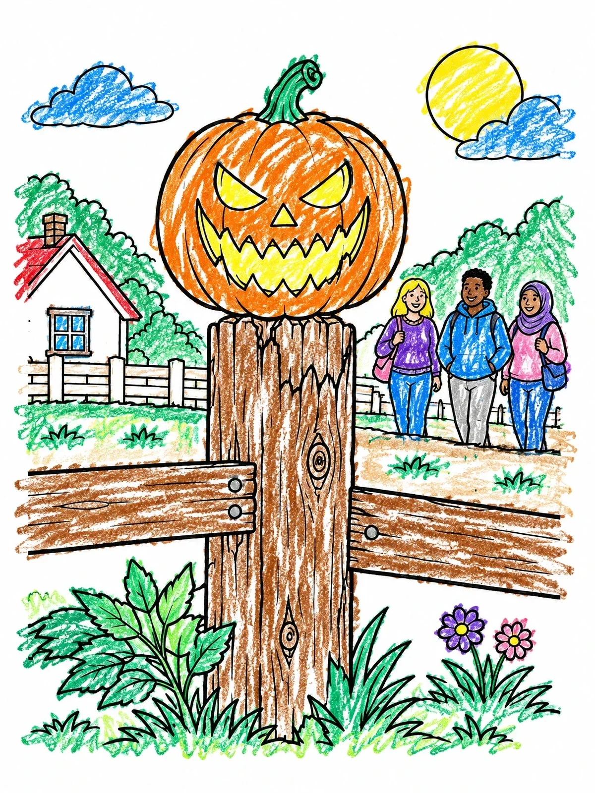 Colored example of the Jack O' Lantern On Wooden Fence Post coloring page