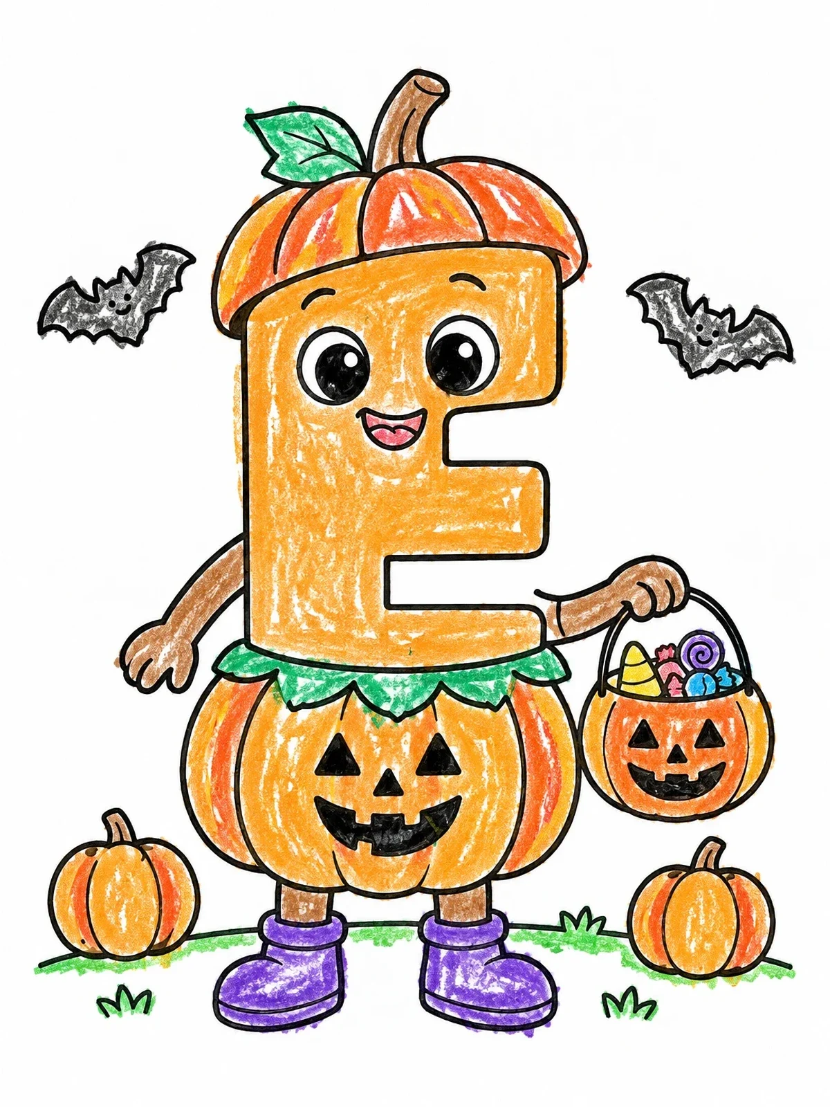 Colored example of the Halloween Letter E In Pumpkin Costume coloring page