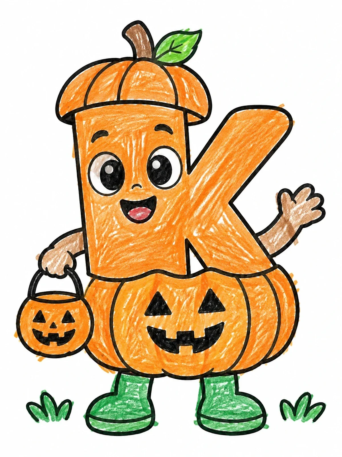 Colored example of the Halloween Letter K In Pumpkin Costume coloring page