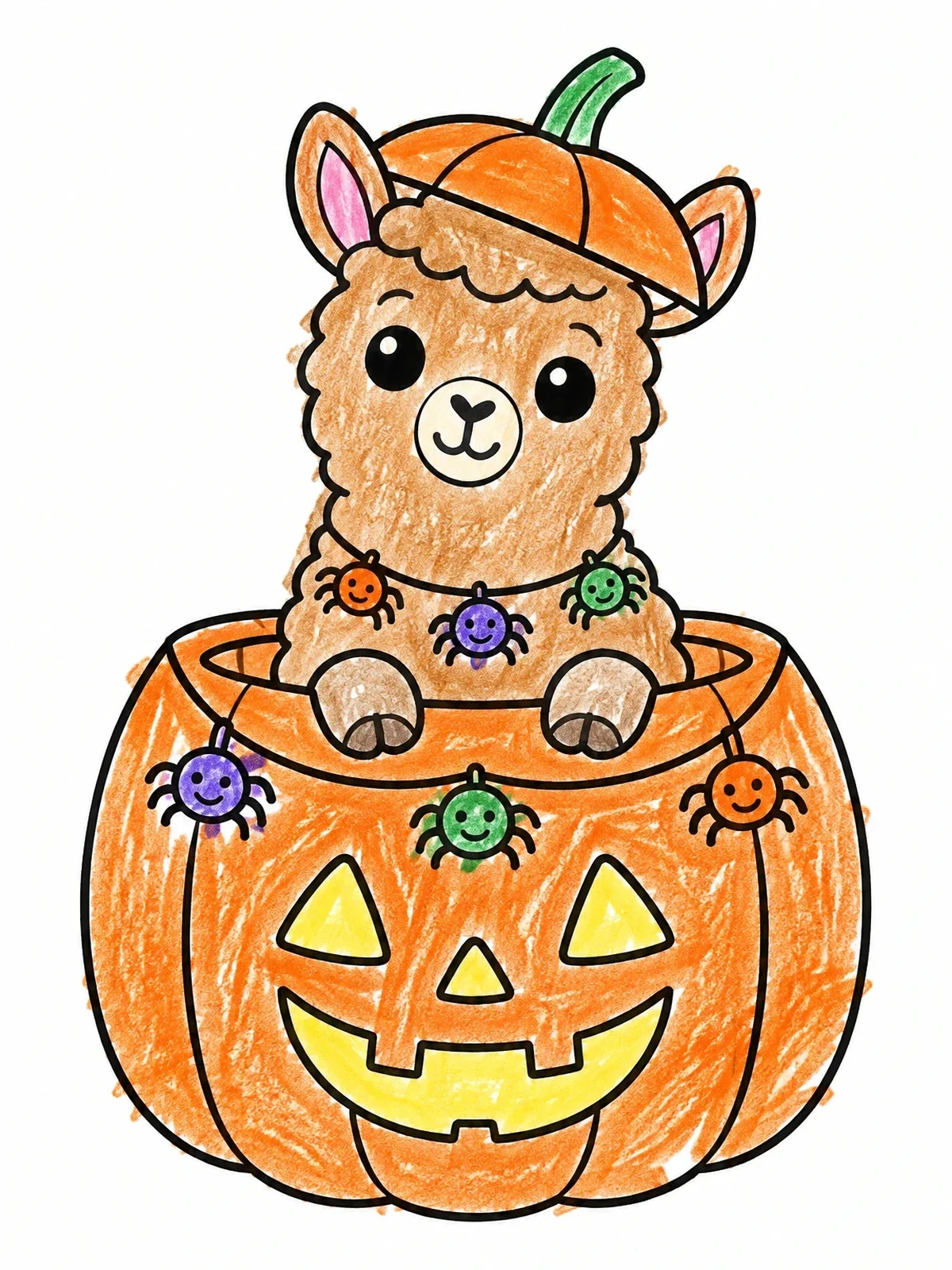 Colored example of the Cute Llama Inside A Pumpkin coloring page