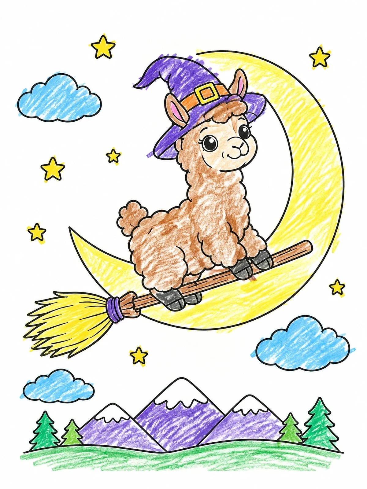 Colored example of the Cute Witch Llama On A Broomstick coloring page