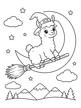Free printable Cute Witch Llama On A Broomstick coloring page
