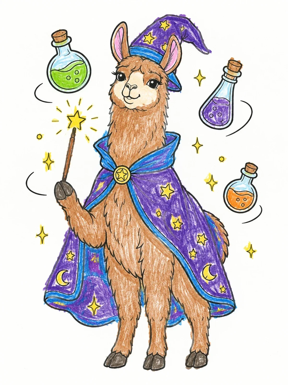 Colored example of the Magical Wizard Llama With Potions coloring page