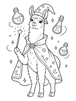A magical halloween llama coloring page featuring a llama wizard casting spells with potions.