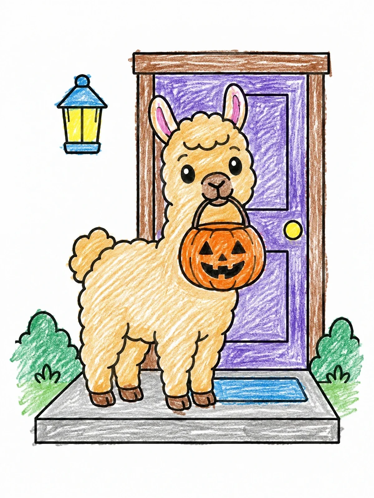 Colored example of the Halloween Llama On The Porch coloring page