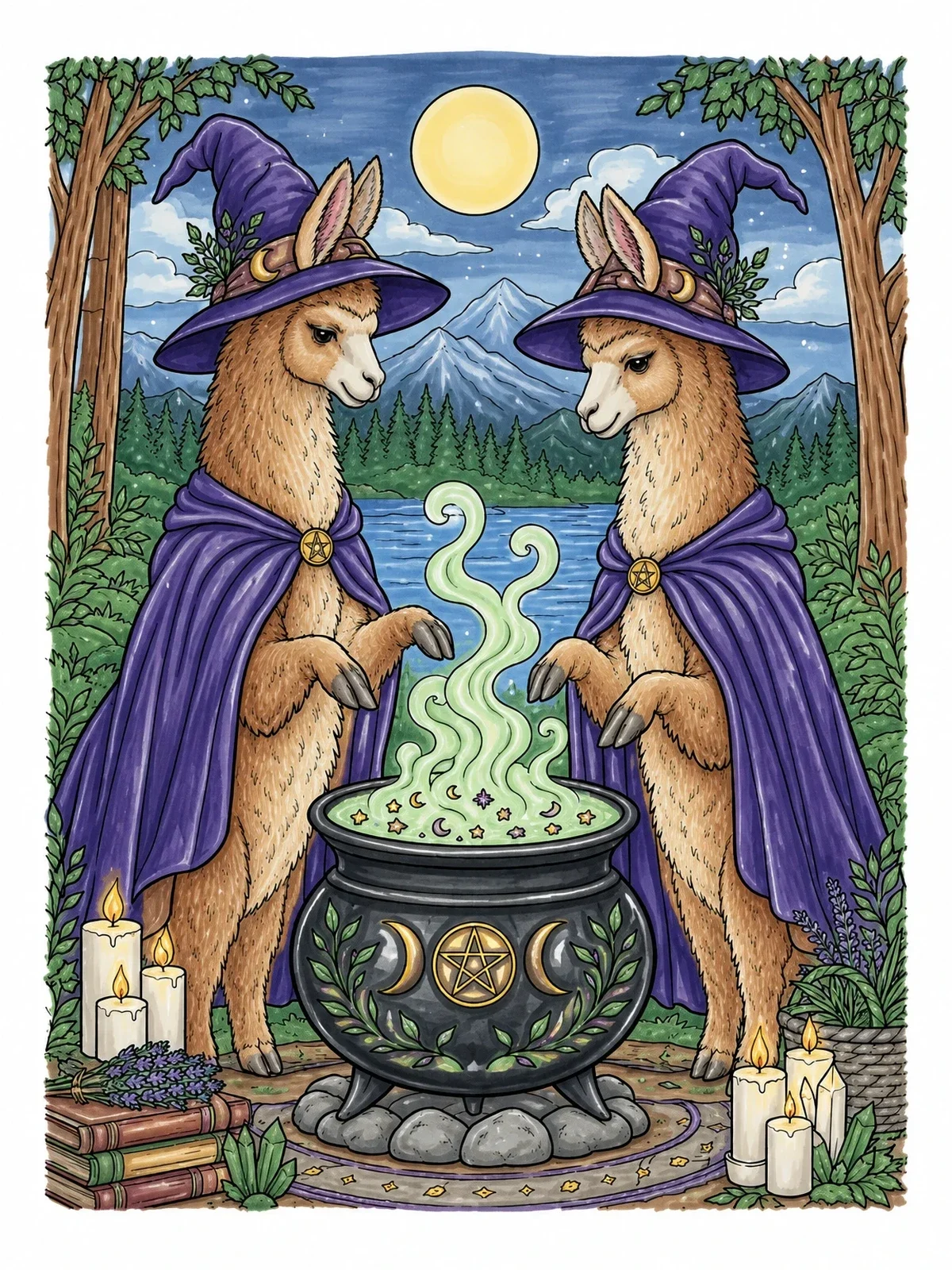 Colored example of the Twin Witch Llamas By The Cauldron coloring page