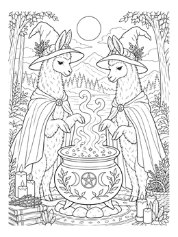 A magical halloween llama coloring page featuring two witch llamas brewing a smoking potion in the woods.